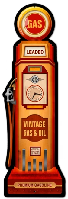 Vintage gas pump cut-out metal sign 7 x 26 inches with red GAS globe, leaded panel, fuel meter, hose and Premium Gasoline base