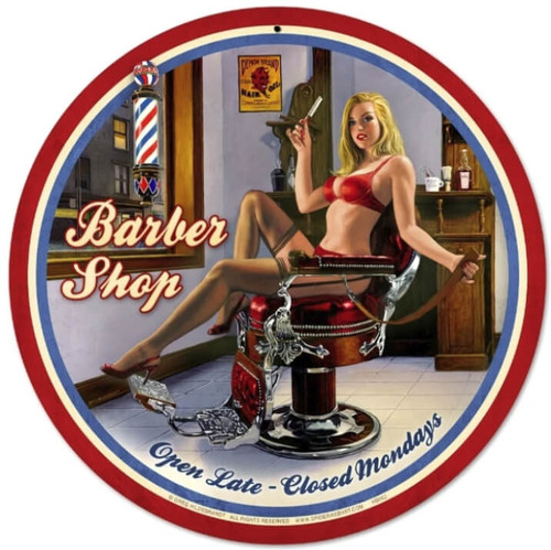 Retro Barber Shop Pin-Up Girl Metal Sign 28×28″ | Heavy-Gauge USA