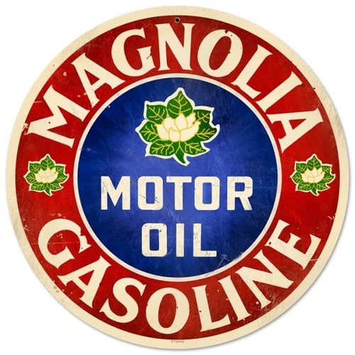Vintage Magnolia Motor Oil and Gasoline round metal sign 14 inches with red border, blue center and three white magnolia flower emblems