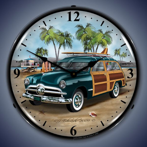 Retro  Woodys Surfer Wagon Lighted Wall Clock 14 x 14 Inches