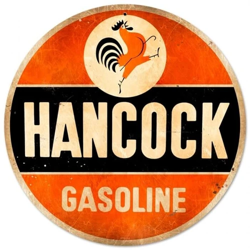 Retro Hancock Old School Metal Sign 14x14 featuring orange rooster above cream HANCOCK GASOLINE lettering, black center band and distressed orange round background.