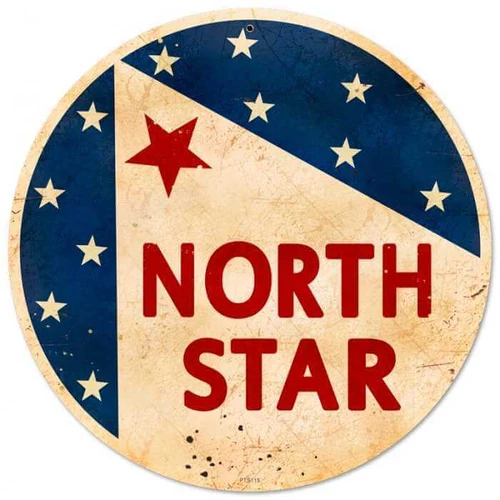 Vintage North Star Gasoline 14-inch round metal sign with red North Star lettering, navy blue star pattern and distressed cream background