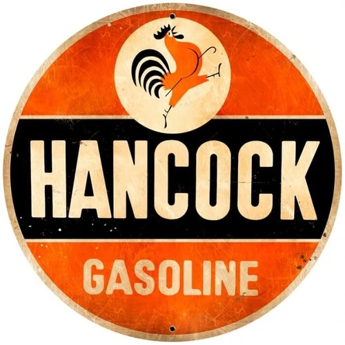 Vintage Hancock Gasoline Round Metal Sign 28x28 featuring orange and black background, cream HANCOCK GASOLINE lettering and classic strutting rooster logo.