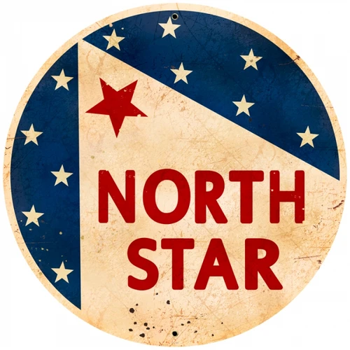 Vintage North Star Gasoline 28-inch round metal sign with large red NORTH STAR lettering, navy blue star pattern and distressed cream background