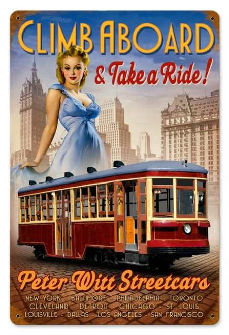 Retro Street Car Pin-Up Girl Metal Sign 18 x 12 Inches
