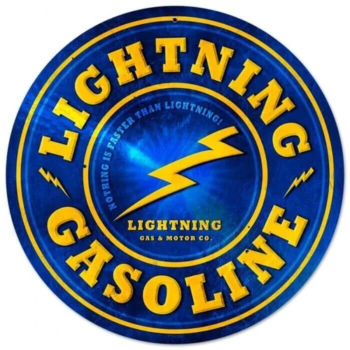 Retro Lightning Gasoline Metal Sign 11.75 inches round with blue background, yellow lightning bolt, Lightning Gasoline lettering and vintage advertising slogan.