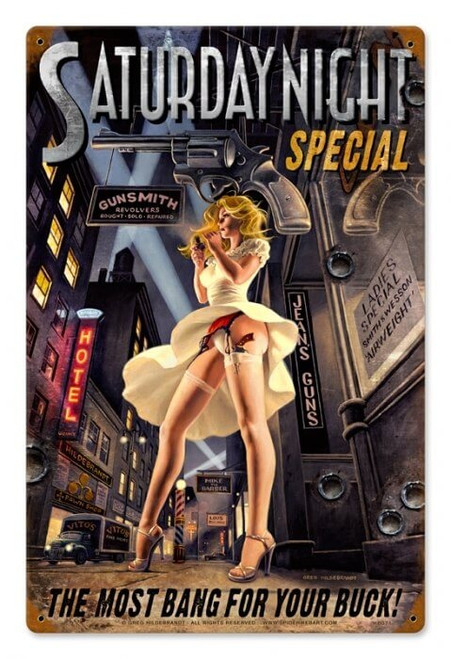 Vintage Saturday Night Special  - Pin-Up Girl Metal Sign 12 x 18 inches