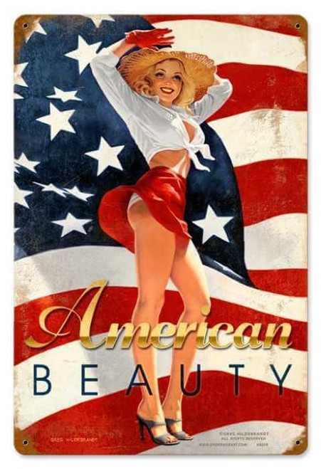Vintage American Beauty  - Pin-Up Girl Metal Sign 12 x 18 Inches