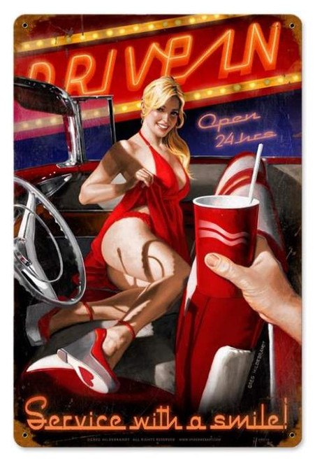 Vintage Drive In  - Pin-Up Girl Metal Sign 12 x 18 Inches