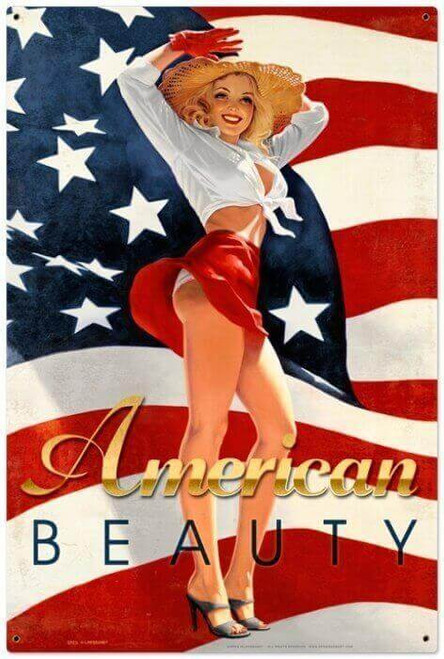 Retro American Beauty  - Pin-Up Girl Metal Sign 24 x 36 Inches