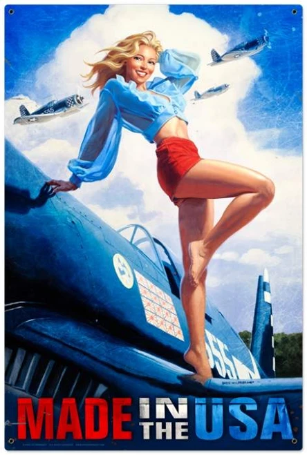 Retro Made in the USA 24x36 pin-up girl metal sign showing a blonde woman in blue blouse and red shorts posing on a blue fighter plane with aircraft flying overhead