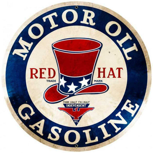 Vintage Red Hat Gasoline Giant Round Metal Sign  28 x 28 Inches