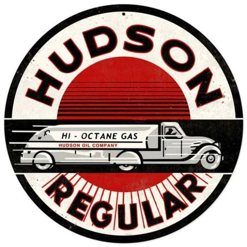 Vintage Hudson Gasoline round metal sign 14x14 featuring white hi-octane gas tanker truck, red sunburst background, and black HUDSON REGULAR lettering.