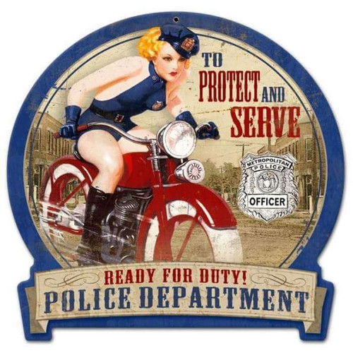 Retro Police Bike Round Banner  - Pin-Up Girl Metal Sign 16 x 15 Inches