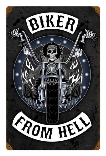 Retro Biker From Hell Metal Sign 12 x 18 Inches