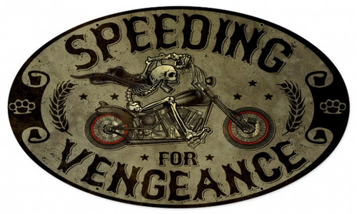 Vintage Speeding Vengance Oval Motorcycle Metal Sign 24 x 14 Inches