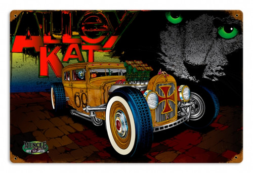 Vintage Rat Rod Alley Cat Metal Sign 12 x 18 inches