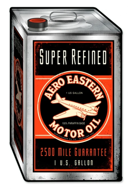 Aero Eastern Motor Oil can metal sign 12 x 19 inches featuring vintage airplane logo, black orange label and Super Refined lettering