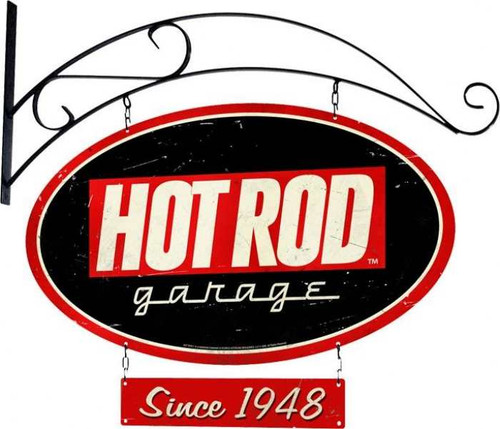 Retro Hot Rod Garage Double Sided Oval Metal Sign with Wall Mount   24 x 14 Inches