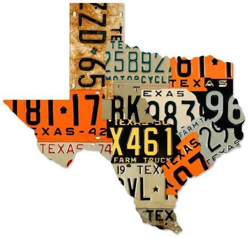 Texas License Plates Custom Shape Metal Sign 24x23 featuring Texas state silhouette filled with vintage orange black cream and turquoise printed license plate collage.