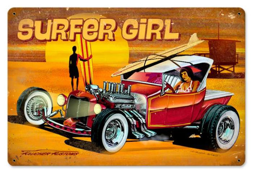 Retro Surfer Girl Metal Sign   18 x 12 Inches