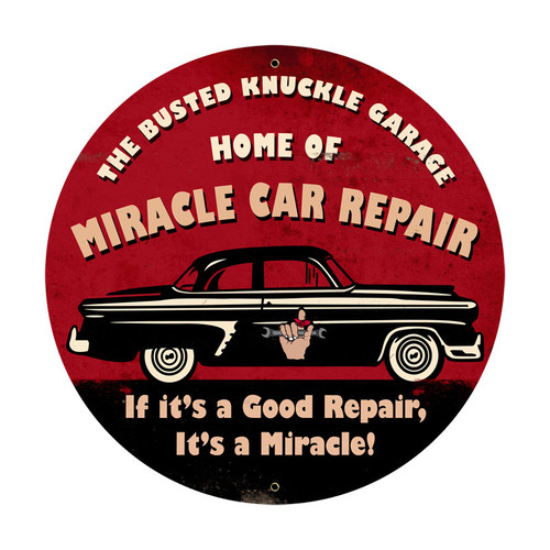 Retro Miracle Car Repair Round Metal Sign  28 x 28 Inches