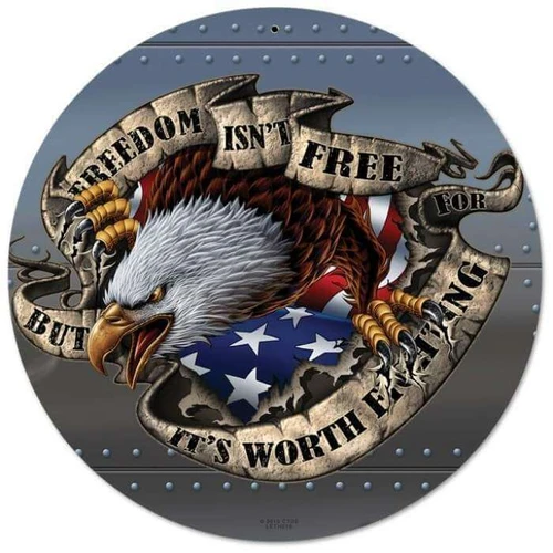 Freedom Isn't Free 14 inch round patriotic metal sign featuring an American eagle and waving United States flag, made from 24-gauge US steel