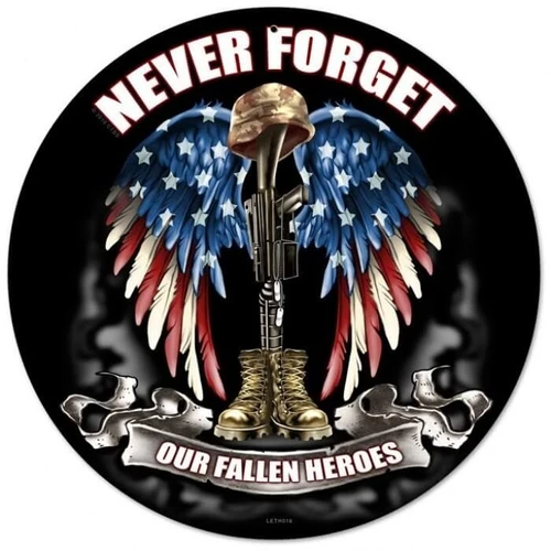 Never Forget Our Fallen Heroes 14 inch round military memorial metal sign featuring a saluting American soldier against the United States flag