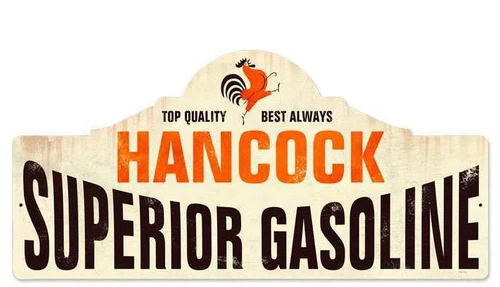 Retro Hancock Superior Gasoline metal sign 26 x 12 inches with orange rooster, cream distressed background and bold black lettering