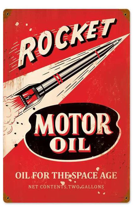 Vintage Rocket Motor Oil metal sign 12 x 18 inches with black and cream rocket, red background and Oil for the Space Age slogan