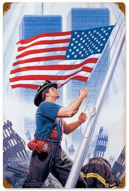 Last Measure of Devotion 12x18 metal sign showing New York City firefighter raising an American flag at Ground Zero with Twin Towers in radiant memorial light