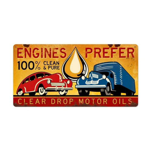 Clear Drop Motor Oils metal sign 36 x 18 inches with red vintage car, blue delivery truck, golden oil drop and yellow-orange background
