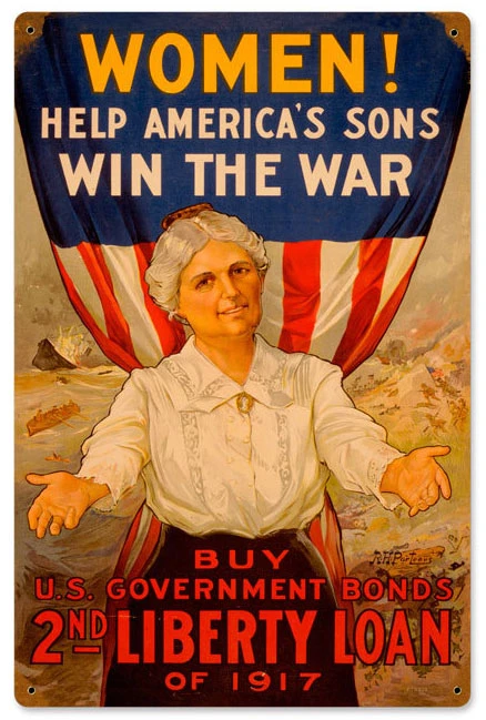 WWI Women Help America's Sons Win the War metal sign 12 x 18 inches with woman extending arms, draped US flag and 2nd Liberty Loan of 1917 poster text