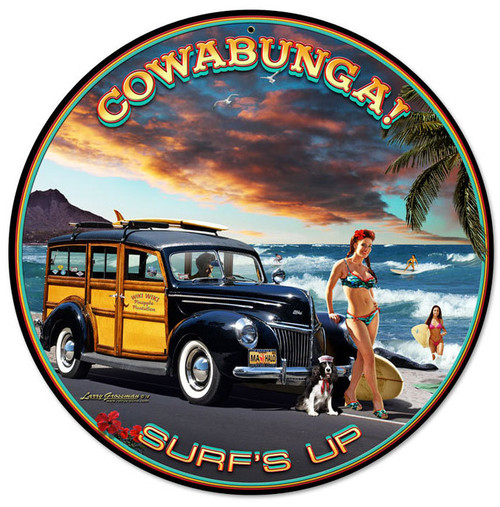 Retro Cowabunga Round Metal Sign 14 x 14 Inches