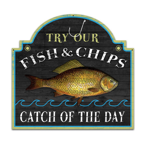 Retro Fish and Chips Custom Metal Shape Sign 18 x 19 Inches