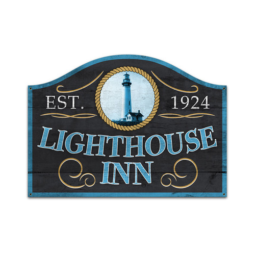 Retro Lighthouse Inn Custom Shape Metal Sign 23 x 17 Inches