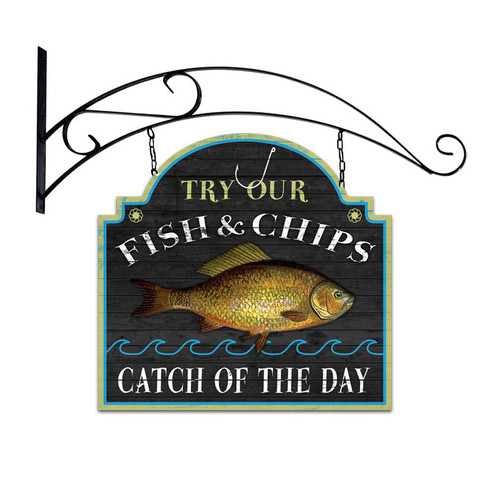 Retro Fish and Chips Double Sided  with Wall Mount Sign 18 x 19 Inches