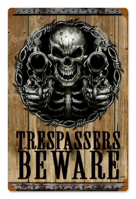 Vintage Trespassers Beware Metal Sign 12 x 18 Inches