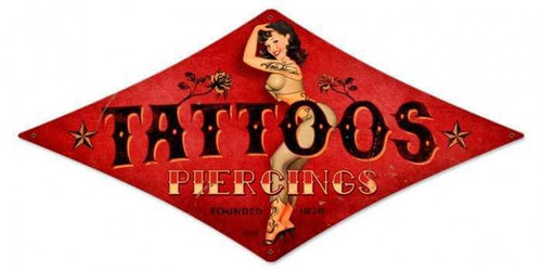 Vintage Tattoos Diamond  - Pin-Up Girl Metal Sign 12 x 24 Inches