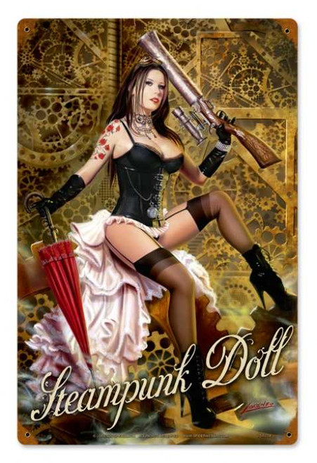 Vintage Steampunk Doll  - Pin-Up Girl Metal Sign 12 x 18 Inches