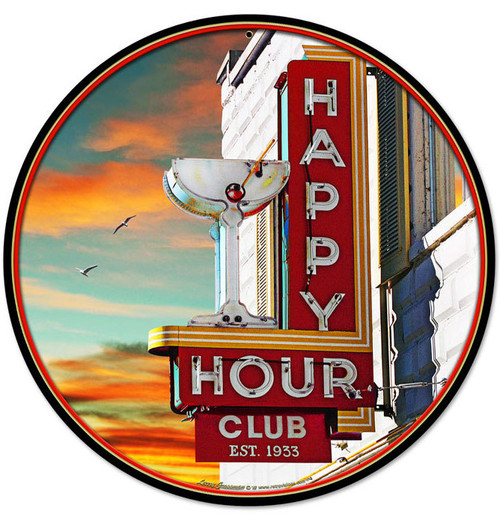 Happy Hour Round Metal Sign 14 x 14 Inches