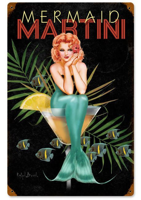 Mermaid Martini Vintage Metal Sign 12 x 18 Inches