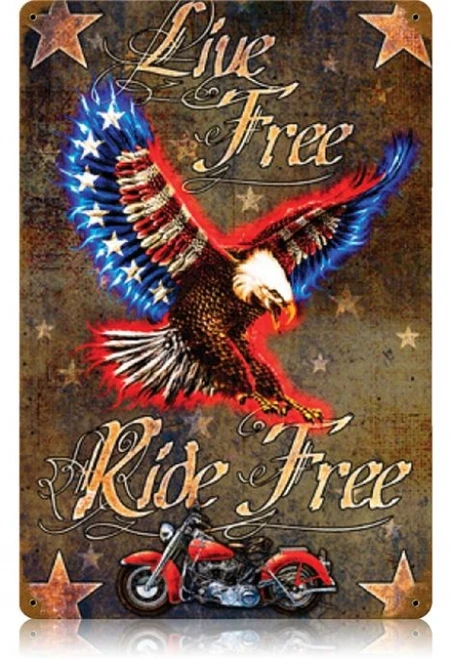 Live Free Ride Free 12x18 vintage metal sign featuring soaring bald eagle with red white and blue wings, classic red motorcycle, gold script and rustic stars