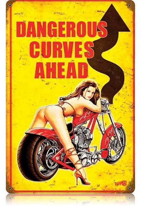 Vintage Dangerous Curves  - Pin-Up Girl Metal Sign   12 x 18 Inches