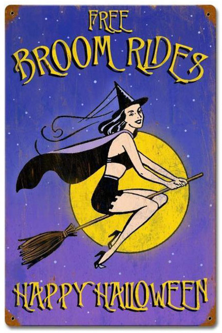 Halloween Broom Rides Vintage Metal Sign 12 x 18 Inches