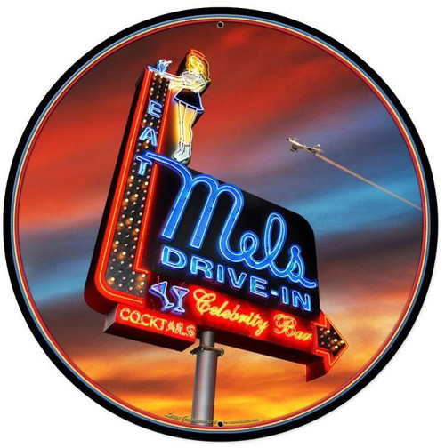 Mels Sunset Round Metal Sign 28 x 28 Inches