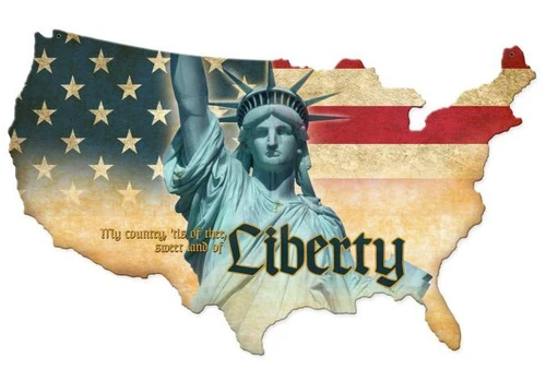 Liberty USA custom-cut map metal sign showing Statue of Liberty, distressed American flag, gold stars and My Country Tis of Thee lettering, 25 x 16 inches