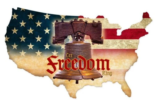 Let Freedom Ring Liberty Bell metal sign 25 x 16 inches shaped like the USA with distressed American flag, bronze Liberty Bell and red Freedom lettering