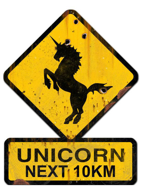 Unicorn Next 10 km Custom Shape Metal Sign 25 x 20 Inches