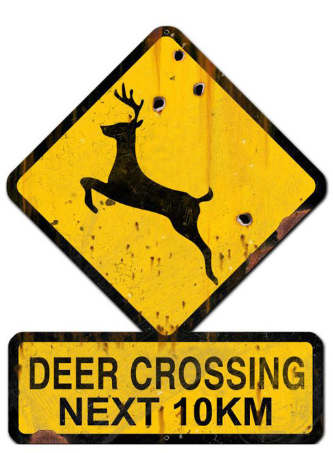 Deer Crossing Next 10 km Custom Shape Metal Sign 25 x 20 Inches